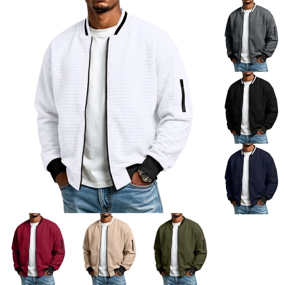 LTTVQM Men Waffle Texture Bomber Jacket Lightweight Zip Up Long Sleeve Varsity Coat With Sleeve Pocket Ribbed Cuffs Hem For Fall Daily Wear