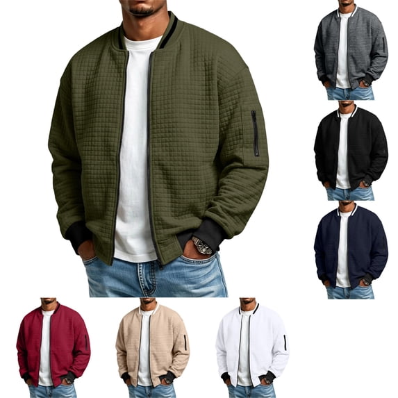 LTTVQM Men Waffle Texture Bomber Jacket Lightweight Zip Up Long Sleeve Varsity Coat With Sleeve Pocket Ribbed Cuffs Hem For Fall Daily Wear