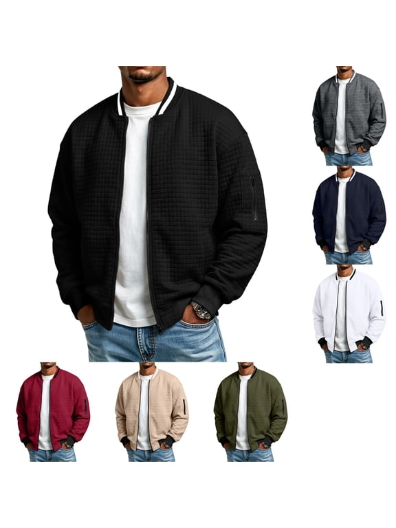 Men Waffle Texture Bomber Jacket Lightweight Zip Up Long Sleeve Varsity Coat With Sleeve Pocket Ribbed Cuffs Hem For Fall Daily Wear