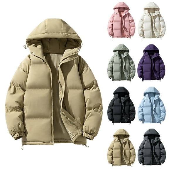 LTTVQM Men Warm Puffer Jacket Women High Neck Hooded Zipper Cotton-Padded Coat Long Sleeve Jacket Khaki 2XL