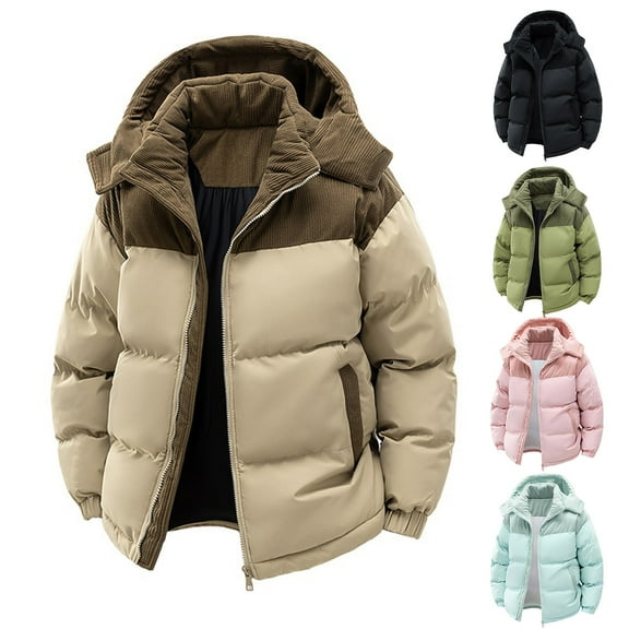 LTTVQM Men Winter Thickened Windproof Warm Hooded Coat Couple Wear Fashion Outerwear Cotton Jacket Khaki 2XL