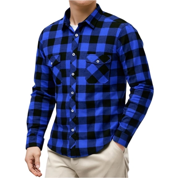LTTVQM Men's 2026 Flannel Plaid Button Down Long Sleeve Casual Shirt with Front Pocket Blue S
