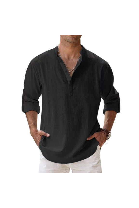 Men's 2026 Linen Shirts Long Sleeve Button Down Henley Shirts Cotton Linen Band Collar Solid Color Beach Shirt Black XL