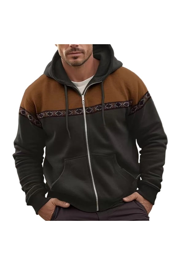 Men's Aztec Hoodies Zip Up Jackets Long Sleeve Zip Up Winter Sweatshirt Coat Casual Vintage With Pocket Black XL