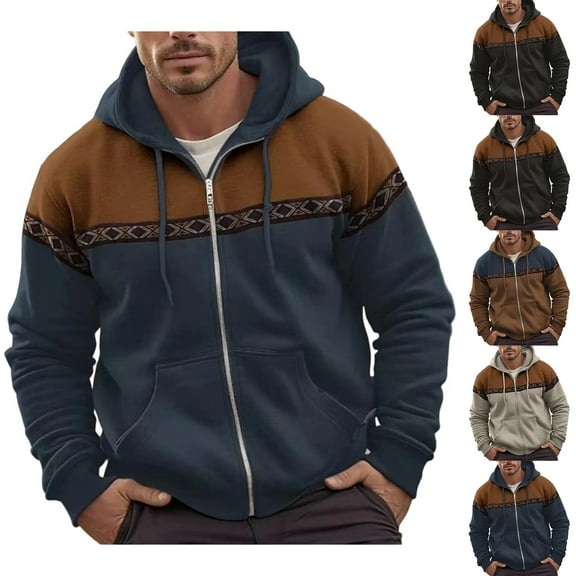 LTTVQM Men's Aztec Hoodies Zip Up Jackets Long Sleeve Zip Up Winter Sweatshirt Coat Casual Vintage With Pocket Dark Blue XL