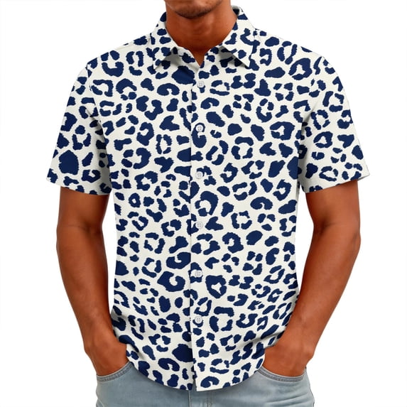 LTTVQM Men's Blouse Lapel Neck Multi Leopard Zebra Pattern Short Sleeve Shirt Light Full Button Travel Daily Leisure Tops White S