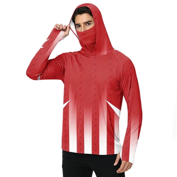 LTTVQM Men’s Breathable Lightweight Hooded Rash Guard Attached Full Face Cover UPF 50+ Kayaking Mountain Hiking Shirt Red S