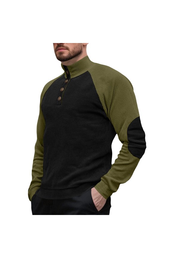 Men's Breathable Soft Corduroy Henley Shirt Raglan Sleeve Mock Neck Elbow Patch Loose Fit Daily Casual Pullover Top Black L