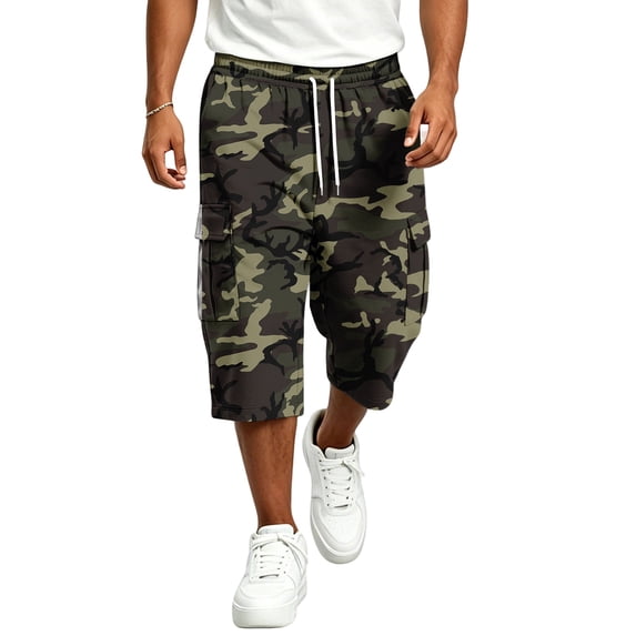 LTTVQM Men's Camo Capri Cargo Pants Realtree Leaf Camo Dual Side Cargo Pockets Stretch Waist Summer Fishing Casual Capri Shorts Army Green L