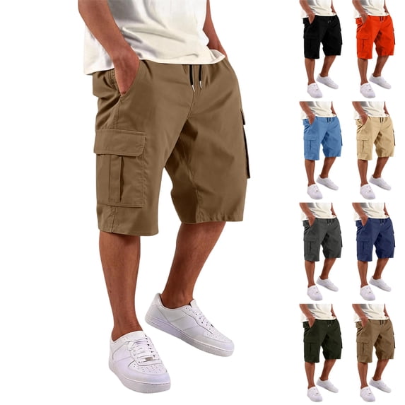 LTTVQM Men's Cargo Shorts Lightweight Casual Cotton Drawstring Short Elastic Waist Work Running Hiking Shorts with Multi Pockets Khaki 2XL