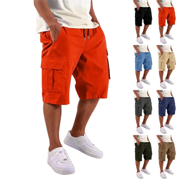 LTTVQM Men's Cargo Shorts Lightweight Casual Cotton Drawstring Short Elastic Waist Work Running Hiking Shorts with Multi Pockets Saffron S