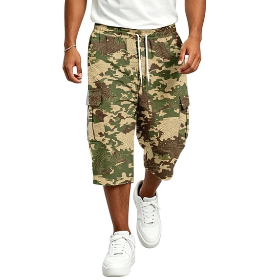 LTTVQM Men's Casual Athletic Capri Pants Dark Hunting Camo All Over Camo Print Loose Fit Outdoor Hiking 3/4 Cargo Trousers Brown L