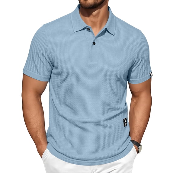 LTTVQM Men's Casual Ice Silk Waffle Textured Polo Shirt Lightweight Cooling Short Sleeve Collared Top Summer Breathable Quick Dry Soft Golf Daily Versatile Stylish Wear Light Blue XL