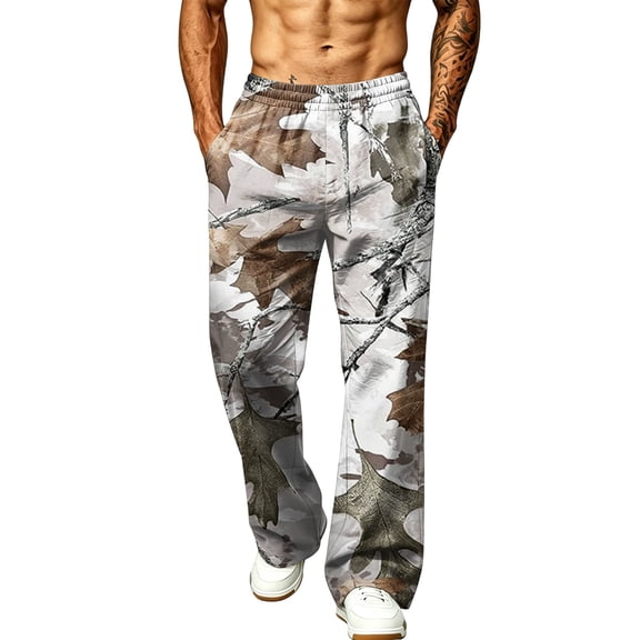 LTTVQM Men's Casual Outdoor Camo Trousers Backwoods Tree Leaf Camo Lightweight Woven Fabric Camping Travel Wide Leg Full Length Pants Light Gray 2XL