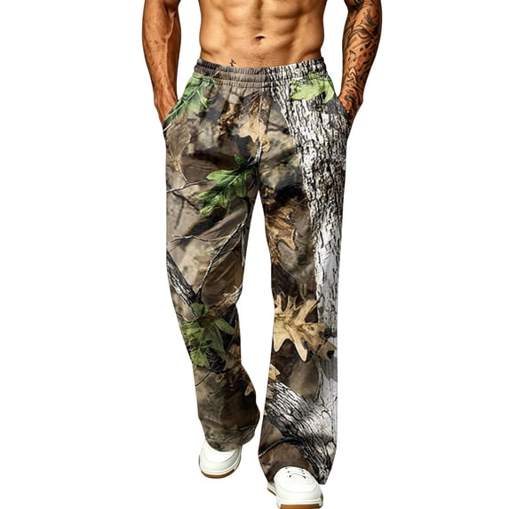 LTTVQM Men's Casual Outdoor Camo Trousers Mountain Forest Camo Adjustable Waistband Loose Fit Hiking Wide Leg Full Length Trousers Camel M