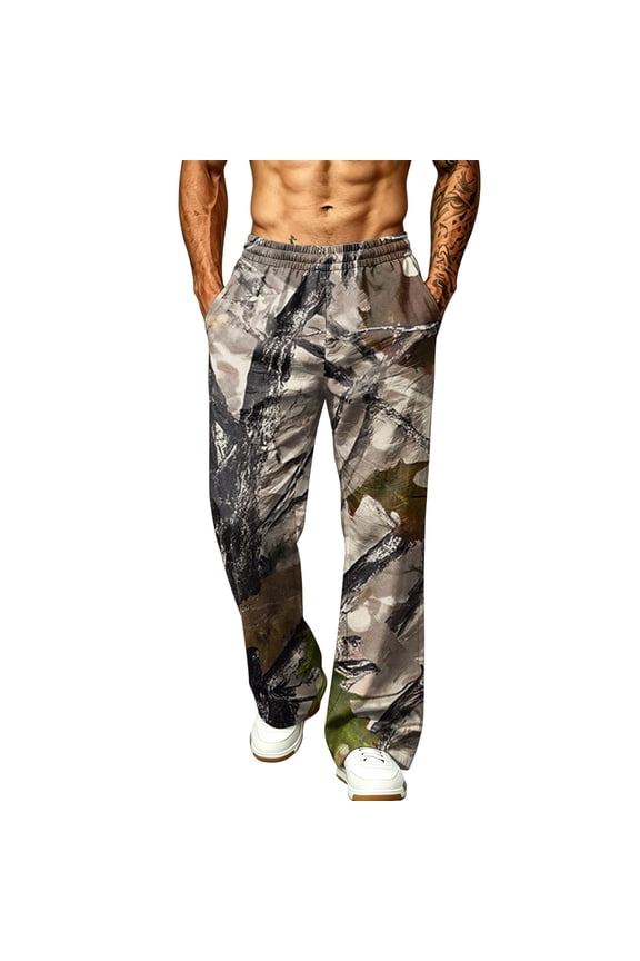 Men's Casual Outdoor Camo Trousers Rural Park Forest Camo Loose Thigh Fit Drawstring Waist Casual Outdoor Wide Leg Full Length Pants Gray 3XL