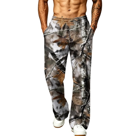 LTTVQM Men's Casual Outdoor Camo Trousers Soft Tree Leaf Camo Big Side Slip Pockets Lightweight Summer Daily Wear Full Length Trousers Coffee XL