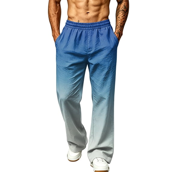 LTTVQM Men's Casual Outdoor Pants Outdoor Recreation Ombre Fade Adjustable Drawstring Waist Multi Pocket Outdoor Fishing Full Length Pants Blue L