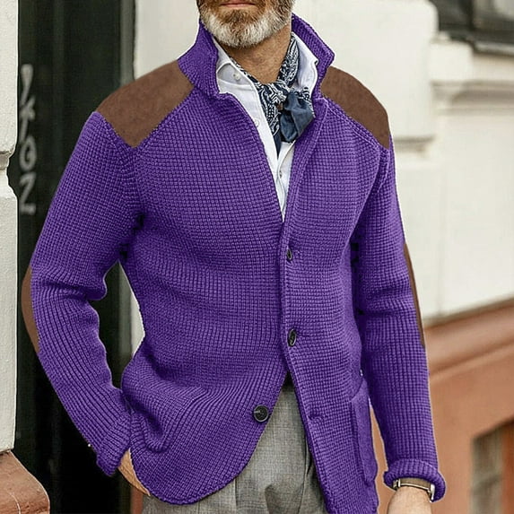 LTTVQM Men's Casual Stand Collar Cardigan Sweaters with Elbow Patches Button Down Cable Knitted Sweater Coats Slim Fit Long Sleeve Cardigans Purple XL