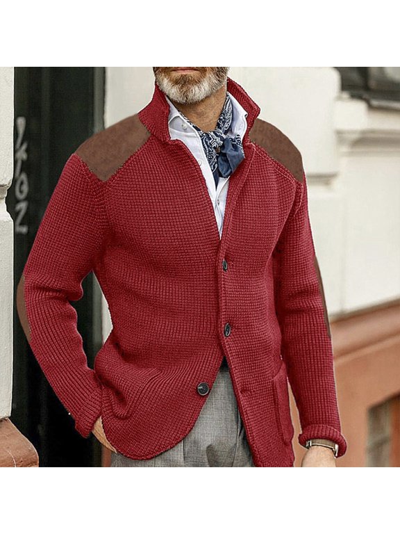 Men's Casual Stand Collar Cardigan Sweaters with Elbow Patches Button Down Cable Knitted Sweater Coats Slim Fit Long Sleeve Cardigans Red XL