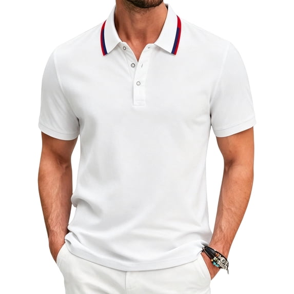 LTTVQM Men's Casual Striped Collar Contrast Trim Polo Shirt Short Sleeve Tops Casual Breathable Tees White XL