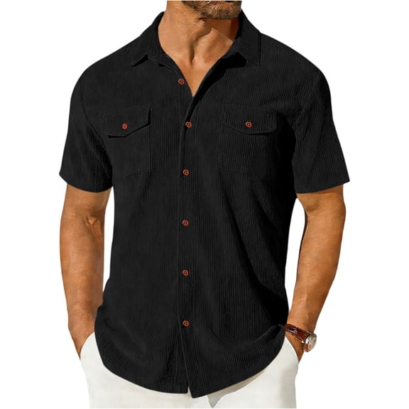 LTTVQM Men's Corduroy Button Down Shirts Casual Short Sleeve Shacket Jacket Solid Striped Shirt Tops with Pockets Black XL