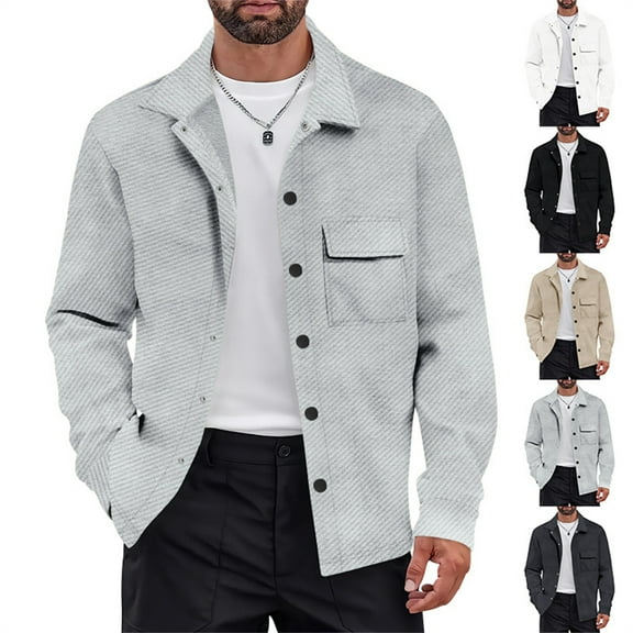 LTTVQM Men's Corduroy Jackets Full Button Front Pocket Ribbed Sleeve Stand Collar Casual Fall Winter Coats Light Gray 2XL