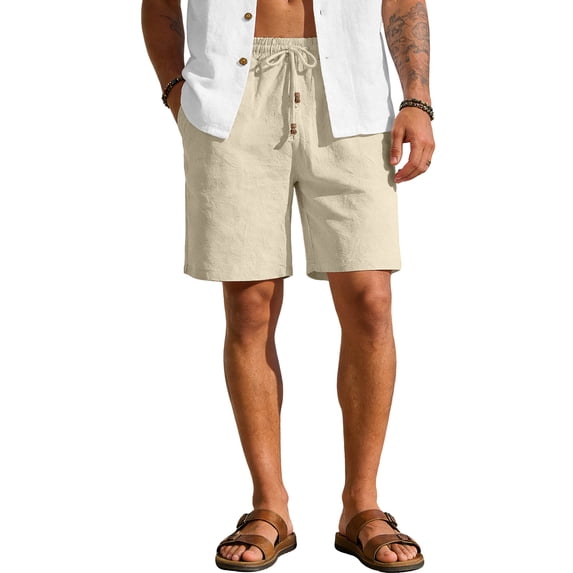LTTVQM Men's Cotton Linen Shorts Casual Elastic Waist Drawstring 2026 Summer Beach Vacation Shorts with Pockets Khaki L