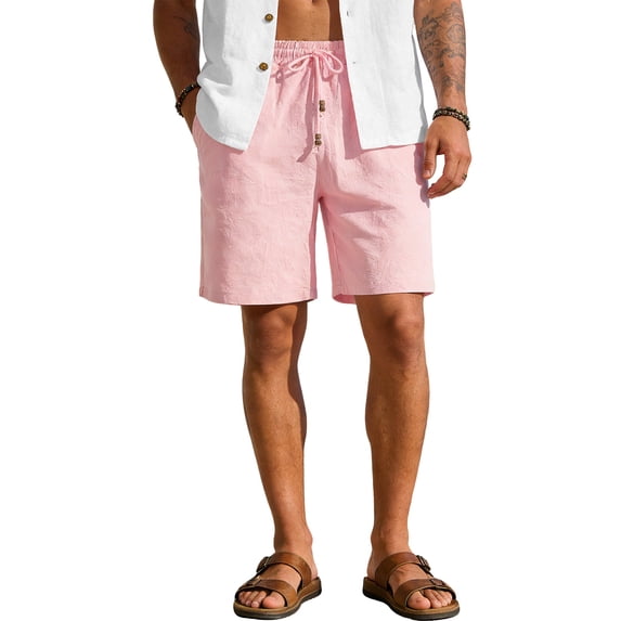 LTTVQM Men's Cotton Linen Shorts Casual Elastic Waist Drawstring 2026 Summer Beach Vacation Shorts with Pockets Pink S