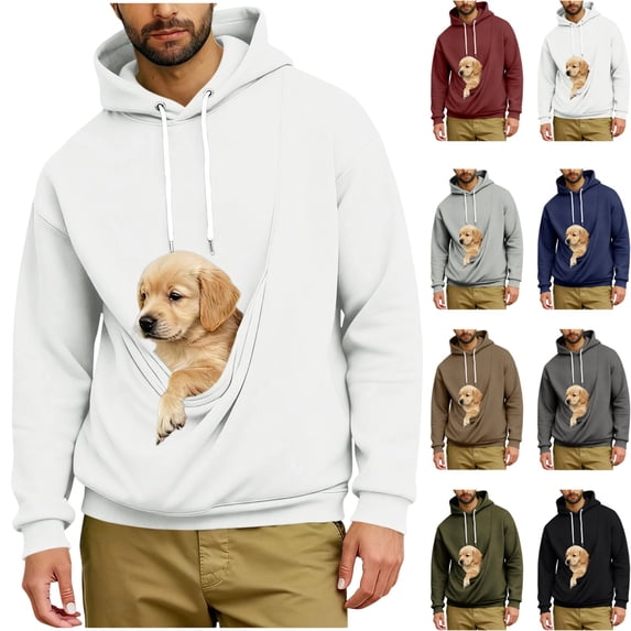 LTTVQM Men's Cozy Fleece Long Sleeve Hoodie Kangaroo Pet Carrier Pouch Oversized Relax Fit Drawstring Casual Daily Sweatshirt White 3XL