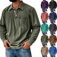 thumbnail image 1 of LTTVQM Men's Fashion Retro Washed Distressed Cotton Lapel Long Sleeve Polo Shirt Fall Wiinter Tops Army Green M, 1 of 4