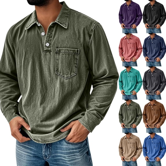 LTTVQM Men's Fashion Retro Washed Distressed Cotton Lapel Long Sleeve Polo Shirt Fall Wiinter Tops Army Green M