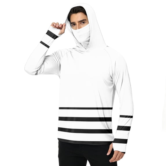 LTTVQM Men’s Full Coverage Breathable Sun Protection Hooded Pullover Clean Two Tone Striped Print Integrated Face Gaiter Light Cooling Outdoor Hiking Shirt White 2XL