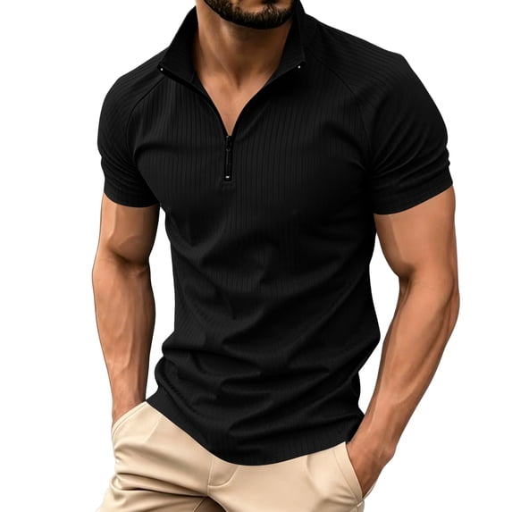 LTTVQM Men's Half Zip Stand Collar Ribbed Polo Shirt Short Sleeve Slim Fit Solid Color Summer Casual Daily Tops Black XL