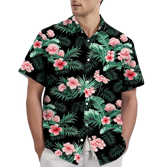 LTTVQM Men's Hawaiian Shirt Short Sleeve Tropical Casual Beach Button Down Pocket Shirts Floral Print Summer Vacation Stretch Lounge Tops Black L