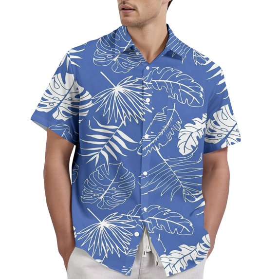 LTTVQM Men's Hawaiian Shirt Short Sleeve Tropical Casual Beach Button Down Pocket Shirts Floral Print Summer Vacation Stretch Lounge Tops Blue 2XL