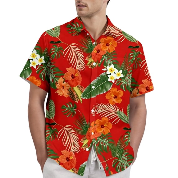 LTTVQM Men's Hawaiian Shirt Short Sleeve Tropical Casual Beach Button Down Pocket Shirts Floral Print Summer Vacation Stretch Lounge Tops Red 3XL