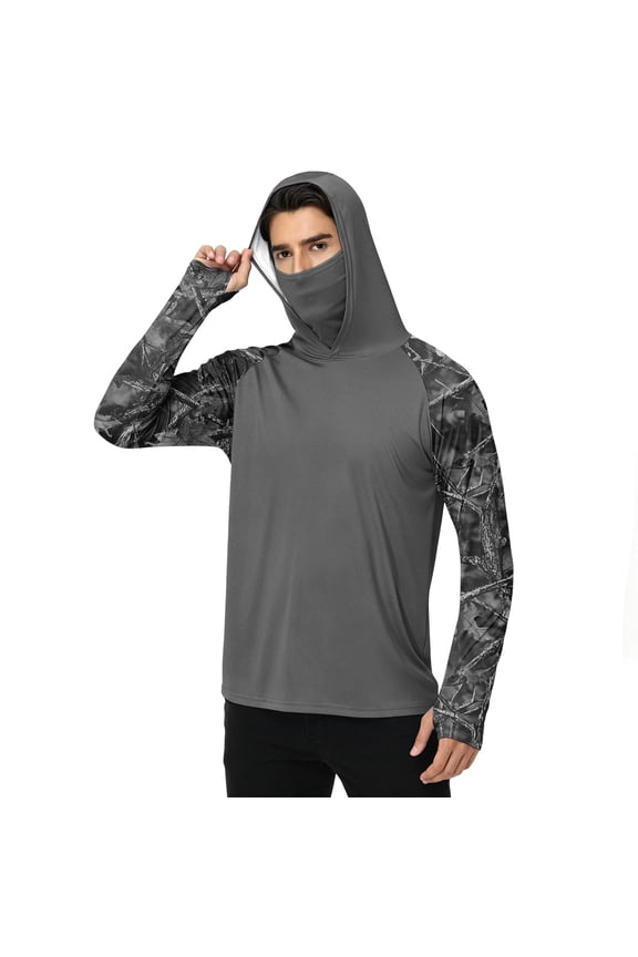 Men’s Integrated Full Face Shield Hooded Rash Guard UPF 50 Classic Wood Tree Camo Raglan Print Lightweight Breathable Outdoor Hiking Kayaking Hunting Shirt Black 4XL