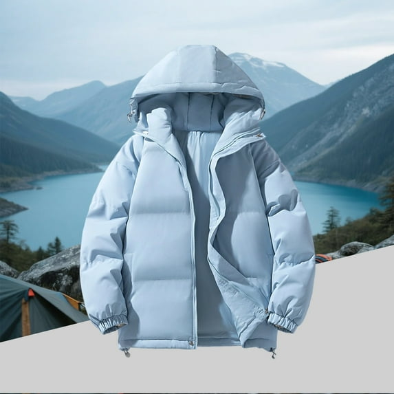 LTTVQM Men's Light Weight Padding Jacket For Winter Outdoor Waterproof Puffer Coat Warm Jackets With Hood Outerwear Light Blue 2XL