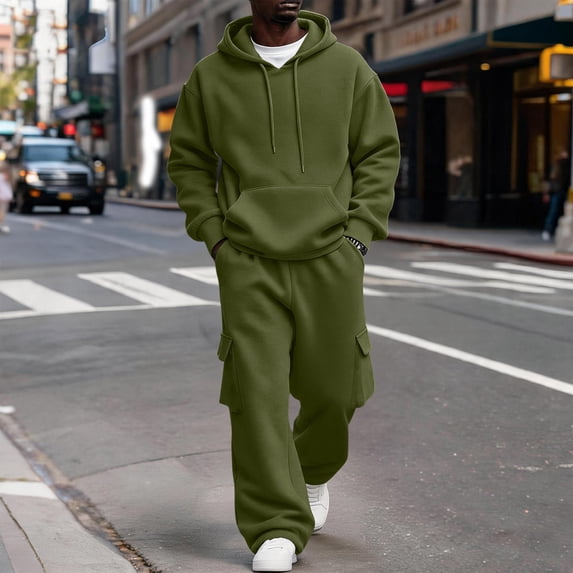 LTTVQM Men's Lightweight Utility Pullover Hoodie Two Piece Tracksuit Drawstring Hood Multi Cargo Pocket Loose Fit Travel Daily Outfit Army Green S