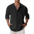 thumbnail image 1 of LTTVQM Men's Linen Cotton Tops Long Sleeve Button Down Henley Shirt Casual Solid Band Collar Beach Shirts Black M, 1 of 3