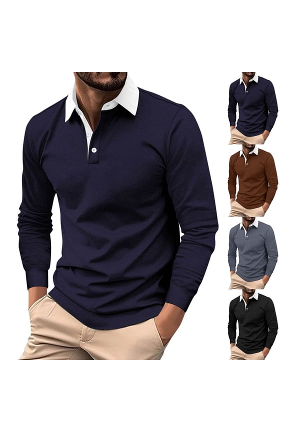 Men's Long Sleeve Shirt 2026 Classic Button Down Basic Solid Color Designed Collared Pullover Trendy Casual Golf Shirts Navy L