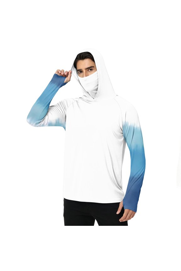 Men’s Loose Fit Outdoor Rash Guard Hooded Classic Gradient Pattern Print Integrated Neck Mask Light Cooling Long Sleeve Boating Trekking Top Sky Blue S