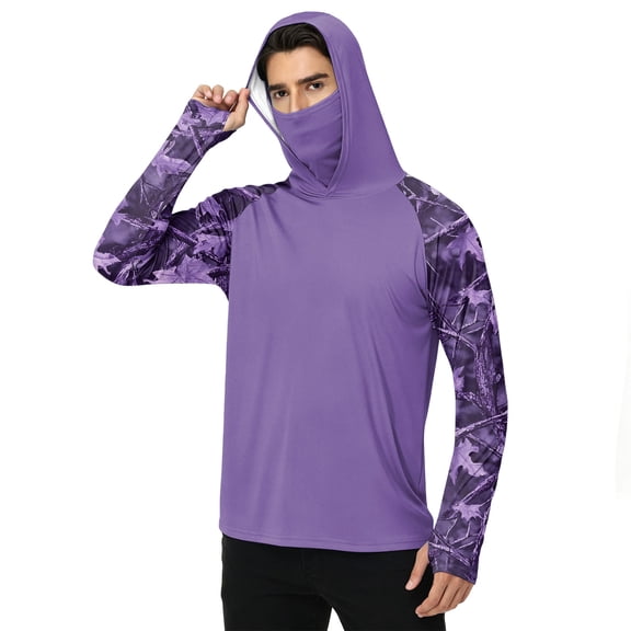 LTTVQM Men’s Loose Fit Outdoor Rash Guard Hooded Classic Realtree Camo Pattern Print Integrated Neck Mask Light Cooling Long Sleeve Boating Trekking Hunting Top Purple S