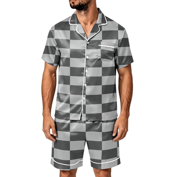 LTTVQM Men's Nightwear Set Durable Weave Plaid Check Short Sleeve Button Top Chest Pocket Elastic Nightwear Green L