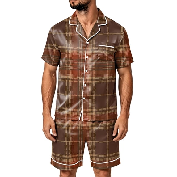 LTTVQM Men's Nightwear Set Retro Grid Plaid Pattern Short Sleeve Button Front Top Chest Pocket Elastic Shorts Red S