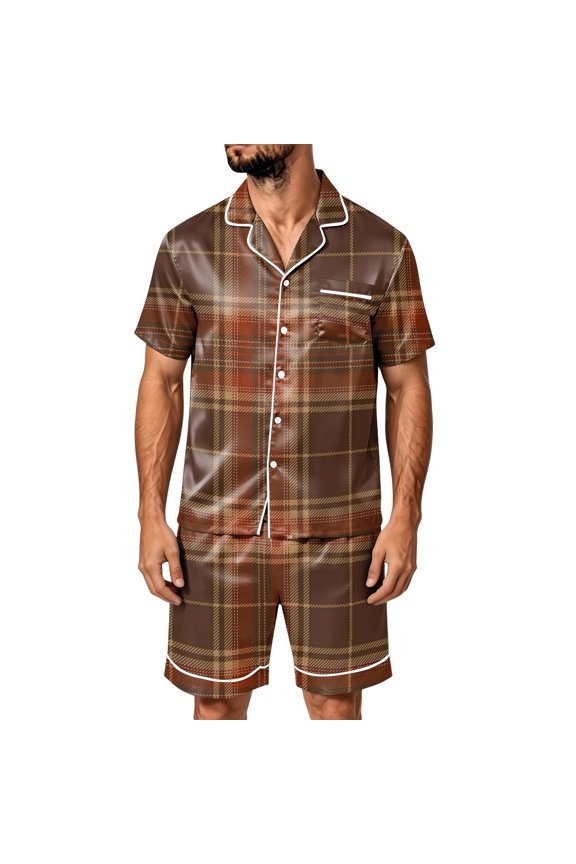 Men's Nightwear Set Retro Grid Plaid Pattern Short Sleeve Button Front Top Chest Pocket Elastic Shorts Red S