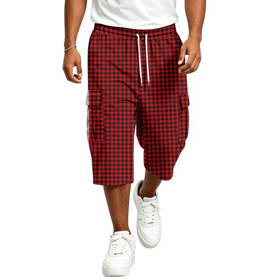 LTTVQM Men's Plaid Capri Cargo Pants Classic Utility Check Pattern Drawstring Waist Multi Side Pockets Summer Athletic Capri Shorts Red M