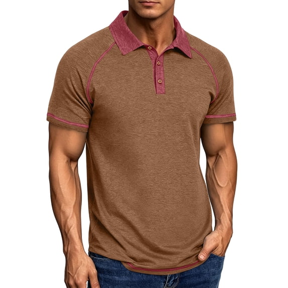 LTTVQM Men's Polo Shirts Short Sleeve Lightweight Casual Classic Button Down Tees Basic Summer Golf Shirt Basic Tops Khaki L