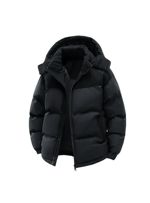 Men's Puffer Jacket Thickened Winter Coat Warm Stand Collar Color Block Zip Up Hooded Jacket Ski Puffer Coat Black 2XL